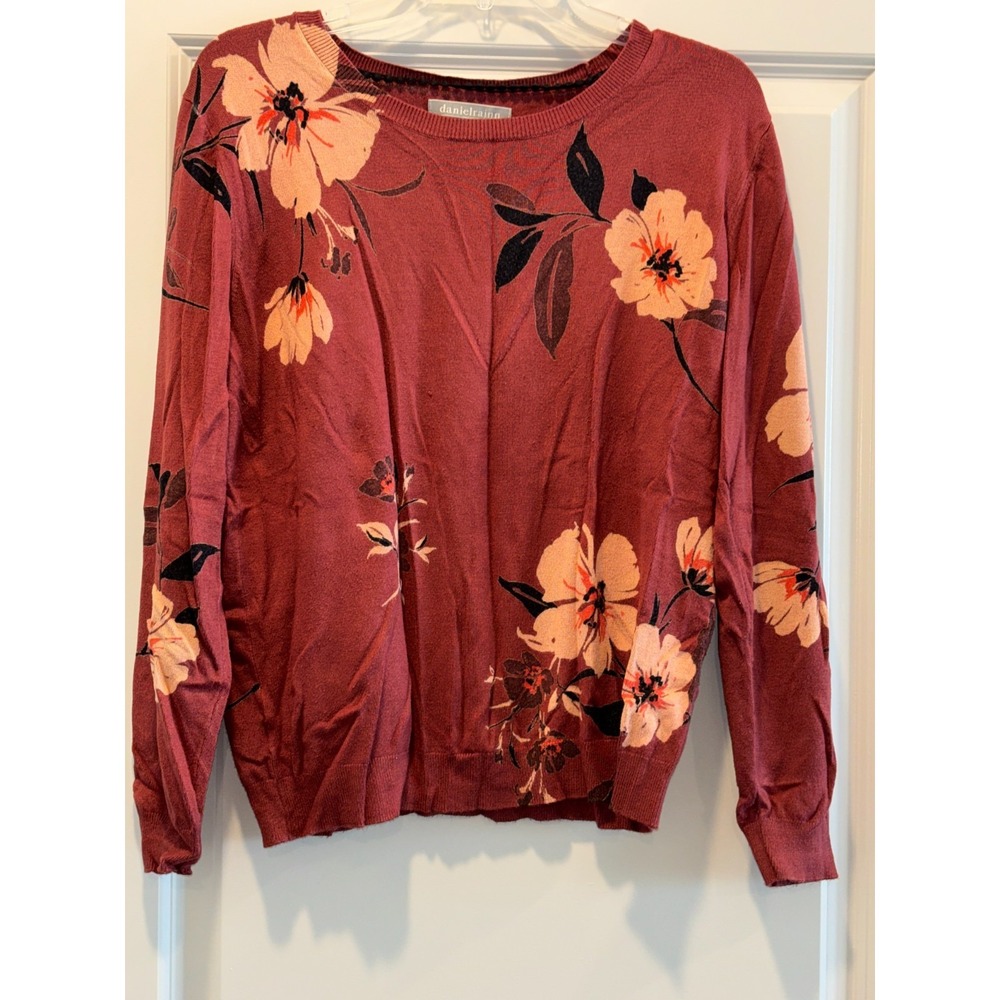 Daniel Rainn Lyna Sweater Womens Large Maroon Floral Knit Crew Neck Warm Wear
